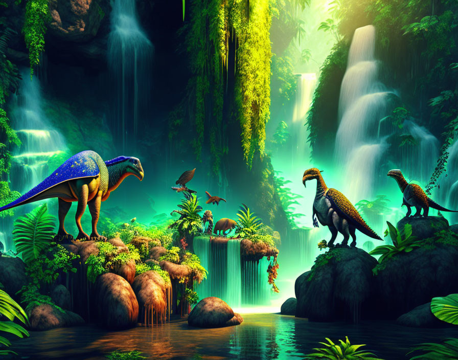 Prehistoric scene with dinosaurs, lush greenery, waterfalls, and flying reptiles.