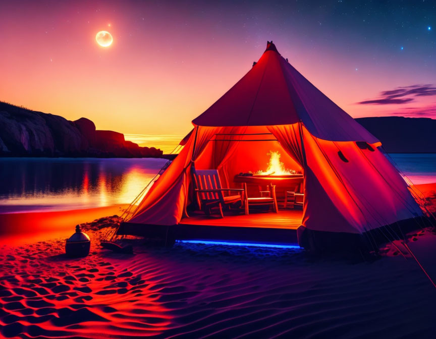 Glowing tent on sandy beach at twilight with warm fire, crescent moon, and starry