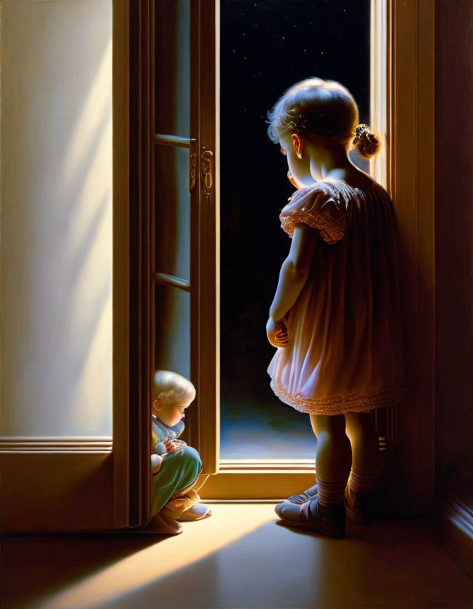 Young girl and toddler by open door in mysterious light