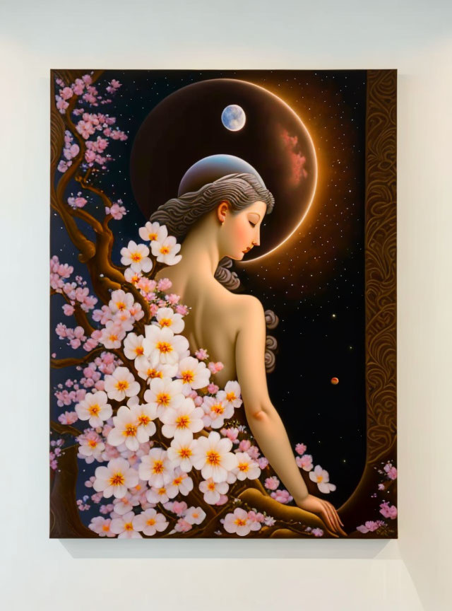 Woman with Cherry Blossoms in Cosmic Setting