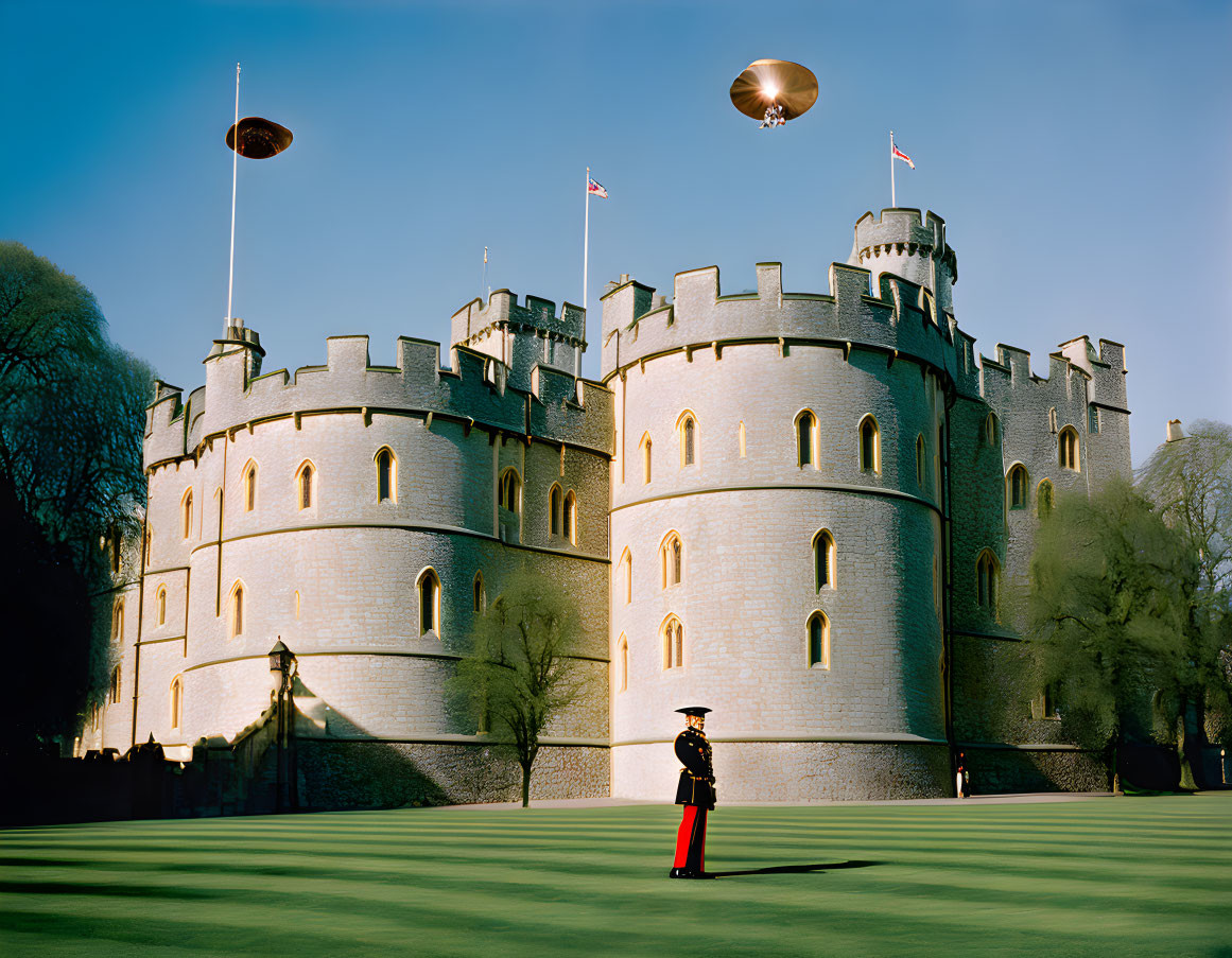 Ceremonial guard at castle with turrets under clear sky