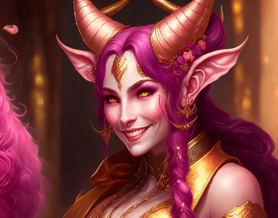 Purple-haired fantasy character with gold-adorned horns and shoulder armor