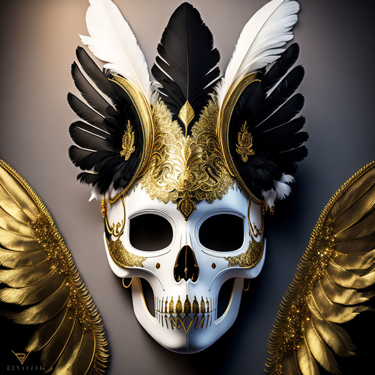 Intricate gold skull mask with golden wings on dark background