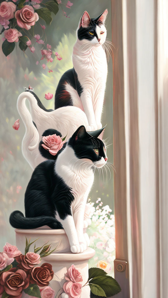 Black and White Cats with Roses and Butterfly on Pedestal