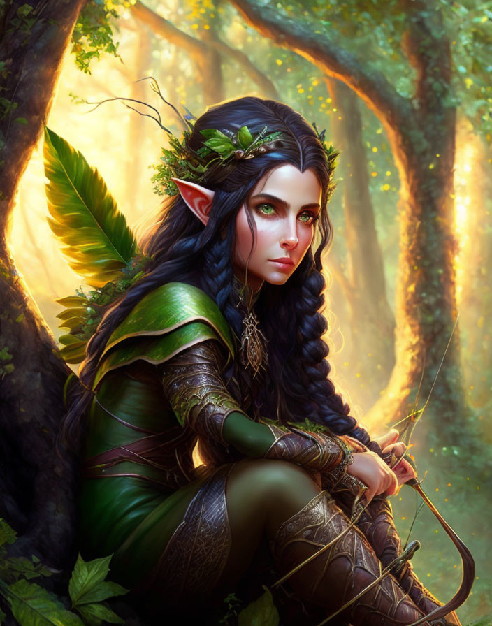 Dark-haired elven character with leafy accessories in sunlit forest with bow