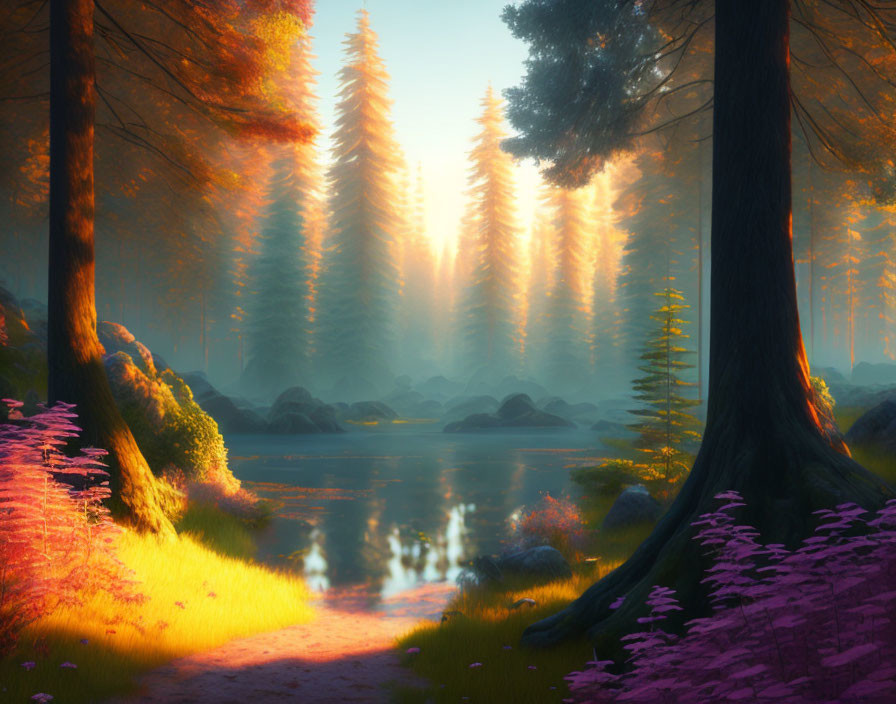 Tranquil Forest Scene with River, Trees, and Pink Flora