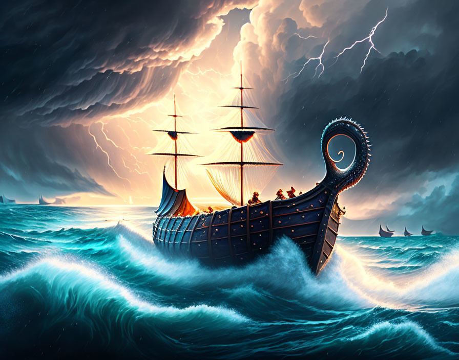 Fantastical ship with tentacle-shaped front in stormy sea.