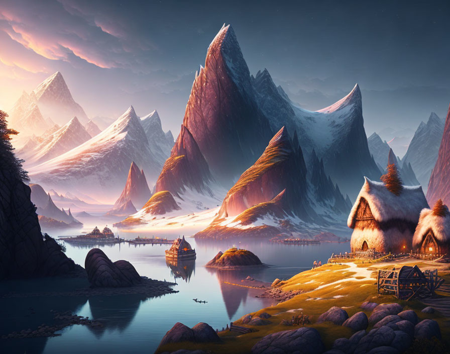 Tranquil fantasy landscape with mountains, lake, cottage, boat