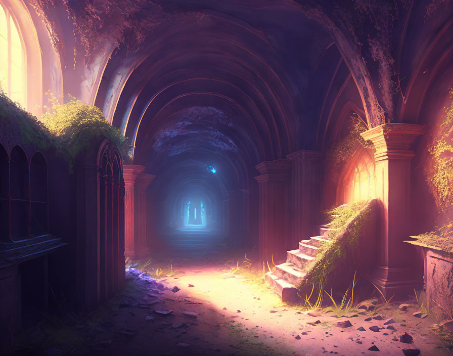 Abandoned cathedral interior with purple and orange light, overgrown foliage, and mystical doorway.