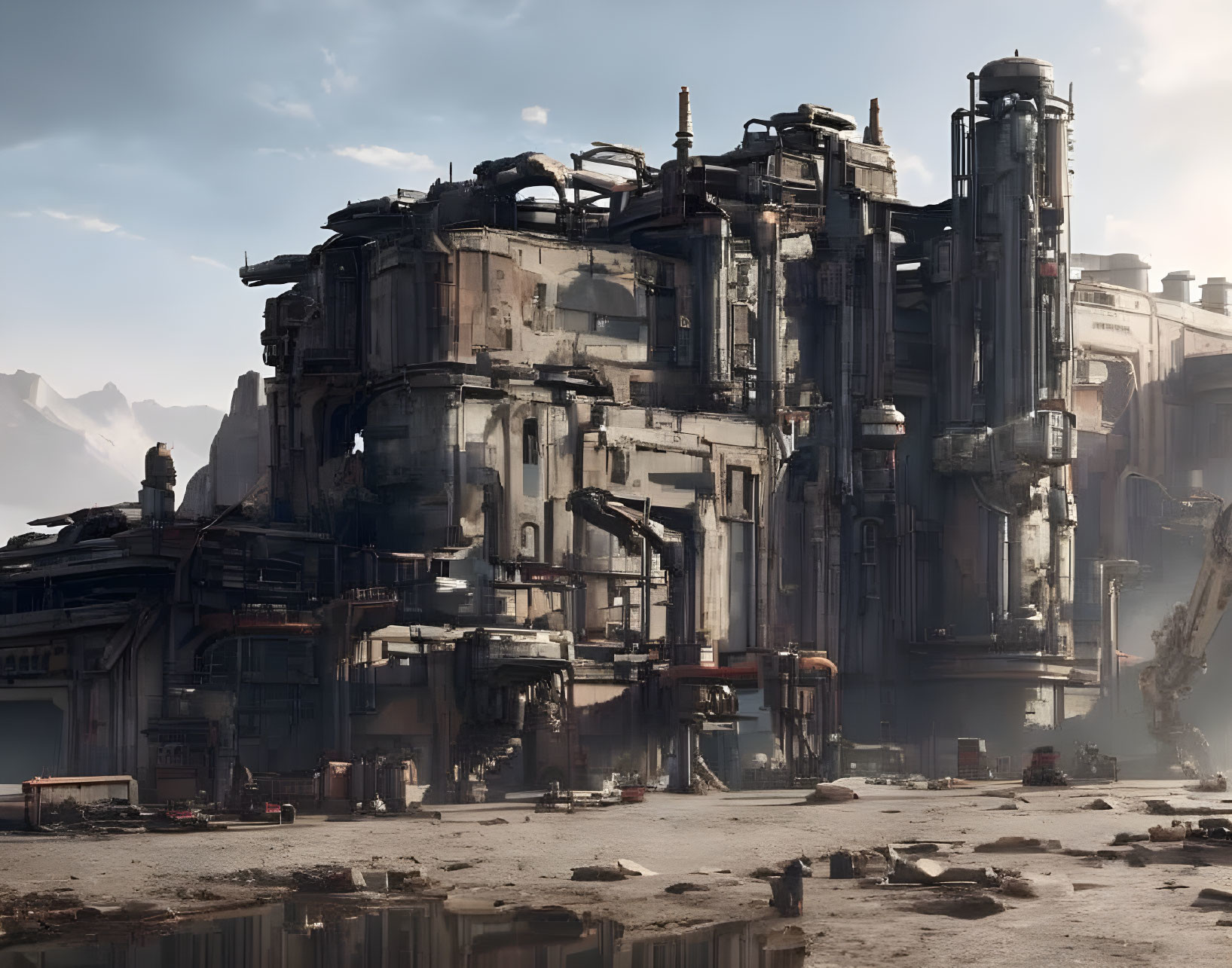 Sci-fi industrial complex with towering structures and a large mech in a desolate landscape