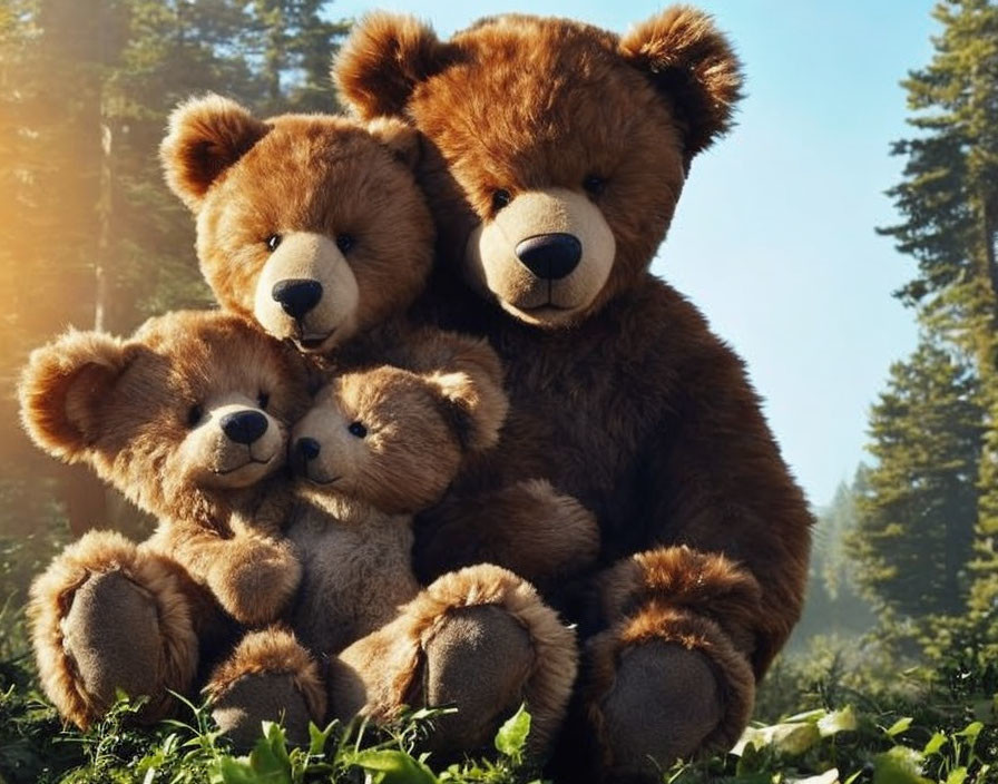 Three Teddy Bears Posed in Family Scene with Forest Background