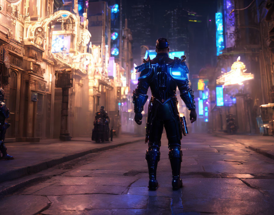 Futuristic armor figure in neon-lit cyberpunk cityscape at night