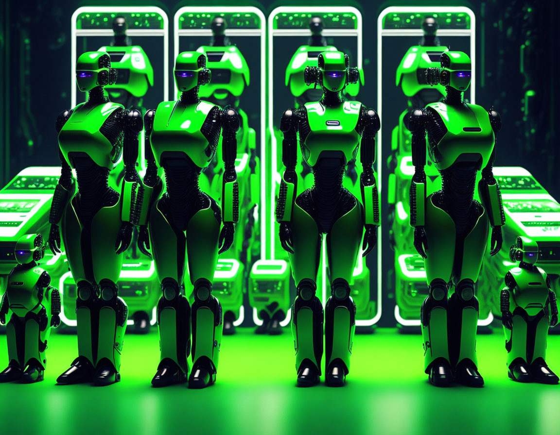 Futuristic humanoid robots with green lighting against digital backdrop