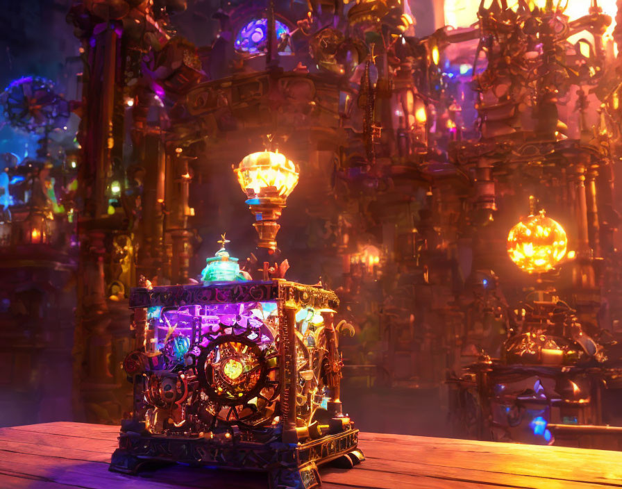 Mystical ornate device in fantastical room with glowing purple accents