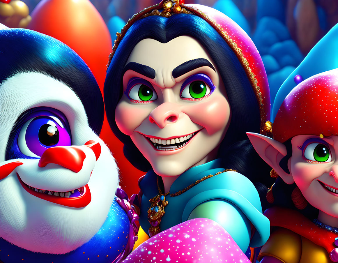 Dark-haired queen and whimsical creatures in vibrant animated scene