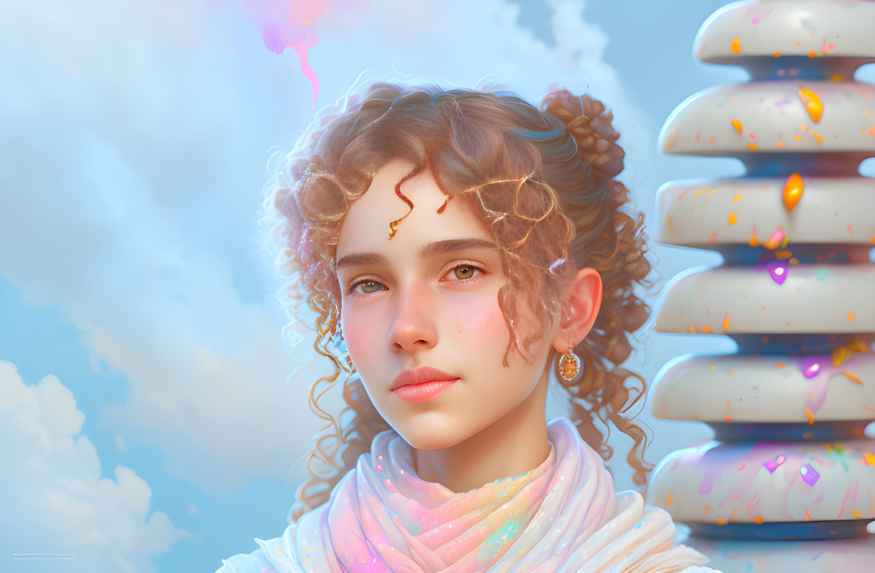 Whimsical young woman in digital art with floating doughnuts