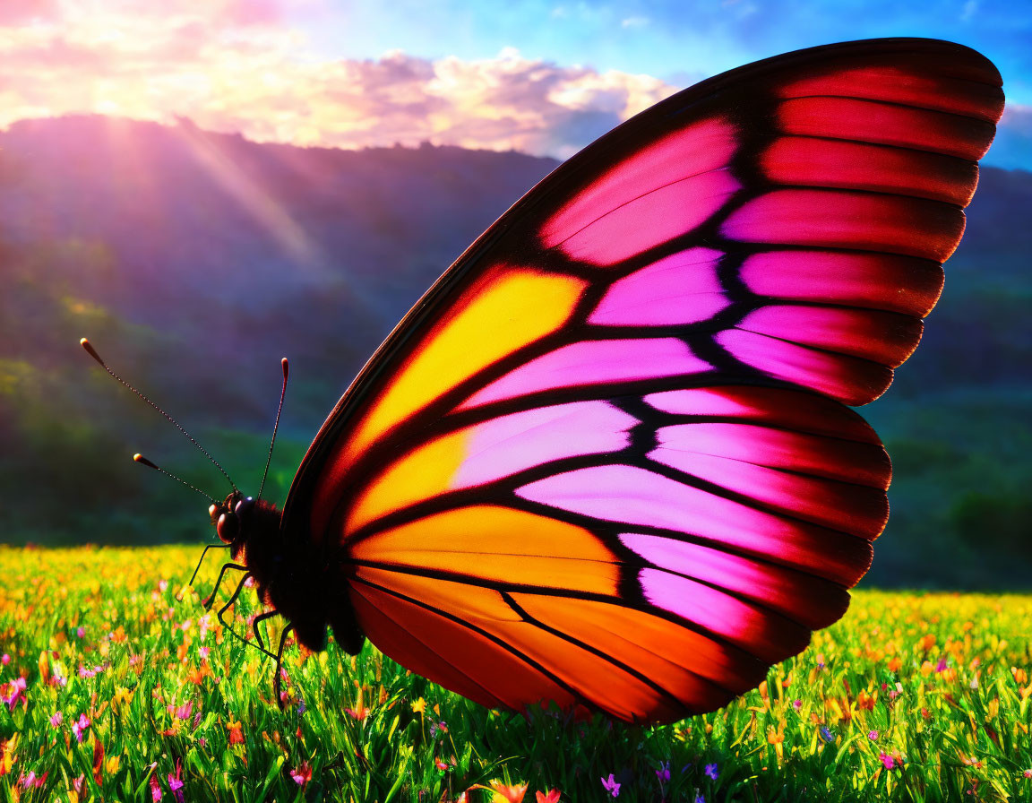 Colorful Butterfly with Red and Black Wings in Flower Meadow at Sunset