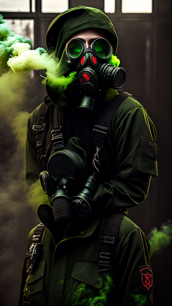 Figure in green hazmat suit and gas mask in green smoke.