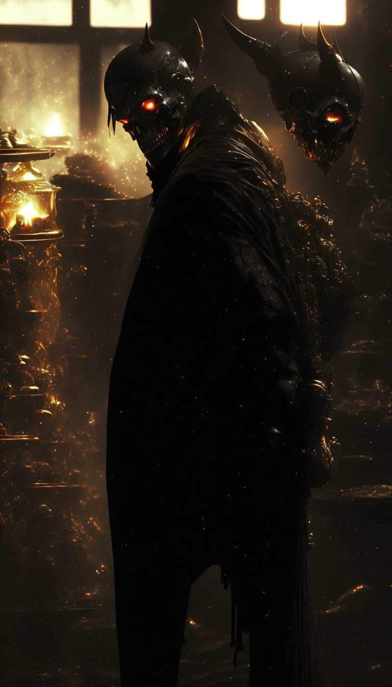 Sinister figure with glowing red eyes and horned mask in dimly lit room