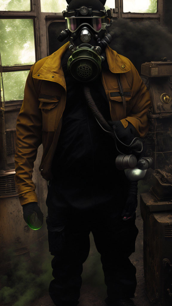 Person in Yellow Jacket and Gas Mask in Moody, Steam-Filled Room
