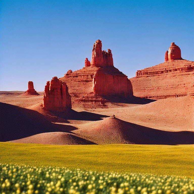 Scenic landscape with tall red rock formations and yellow flowers under blue sky