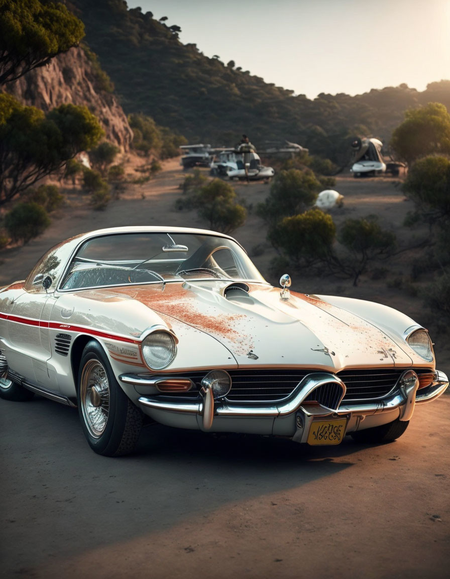 Vintage Convertible Car with White and Red Details in Hilly Landscape at Golden Hour