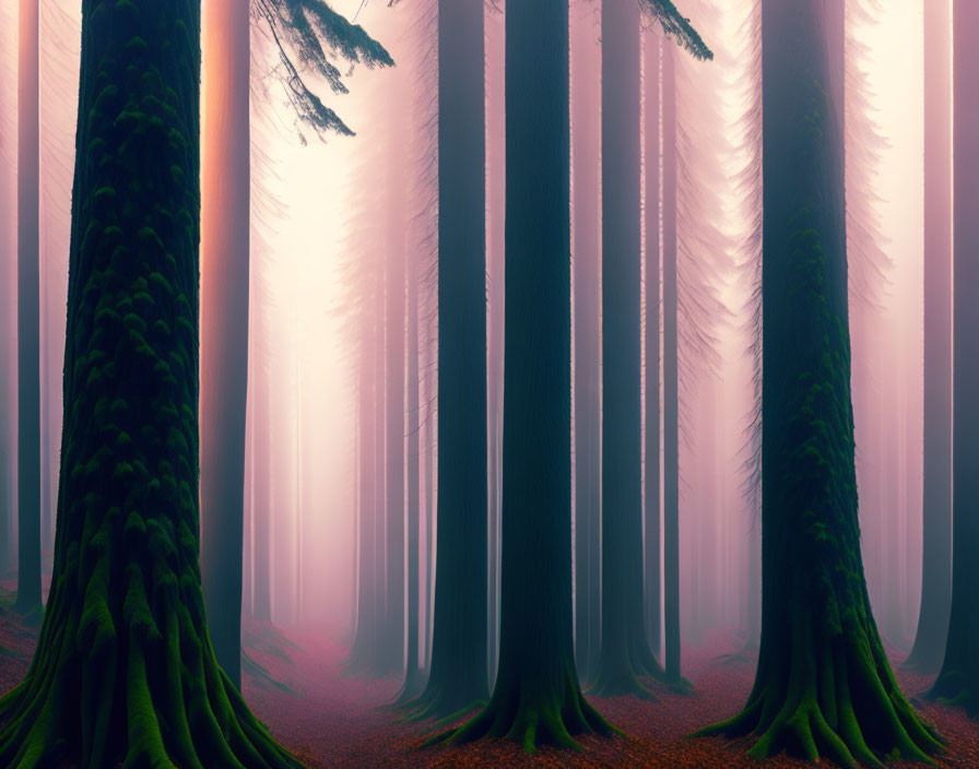 Dark forest with pink mist: mysterious and magical ambiance