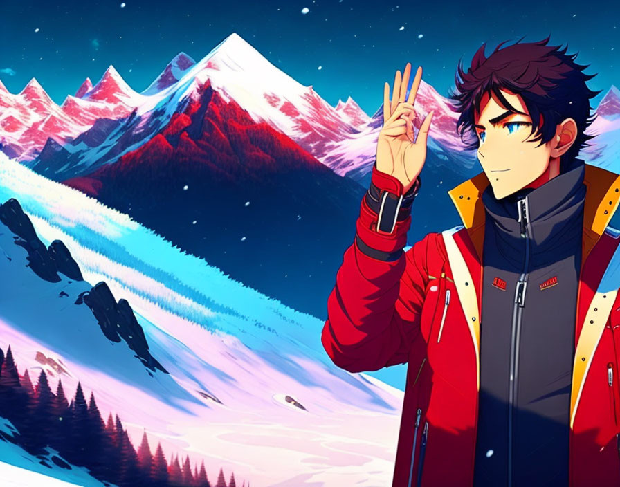 Anime character with black hair in red jacket posing with peace sign against dusk mountain range