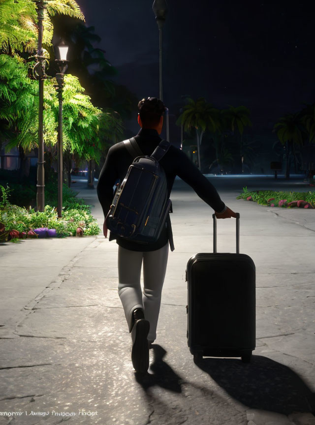 Person walking at night with suitcase and backpack on palm-lined path under street lamps