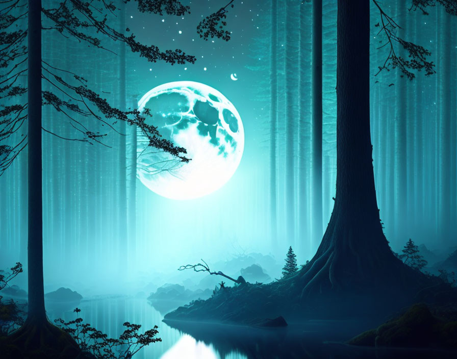 Mystical forest at nighttime with full moon, silhouetted trees, serene river, and