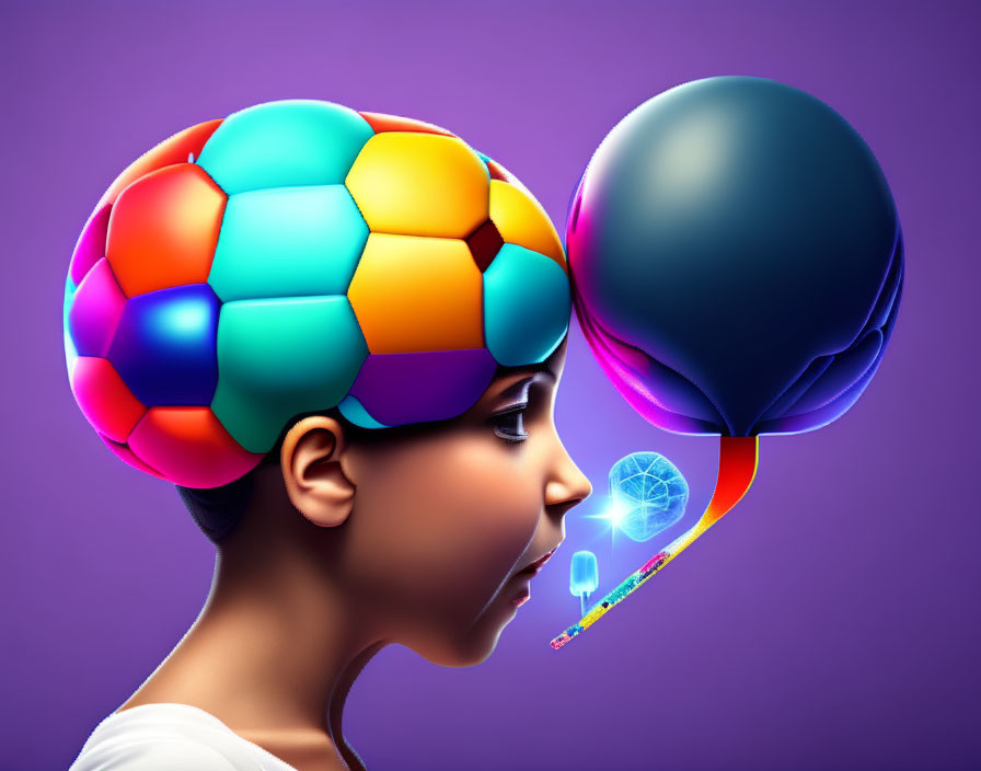 Colorful Child's Profile with Segmented Brain and Dark Balloon