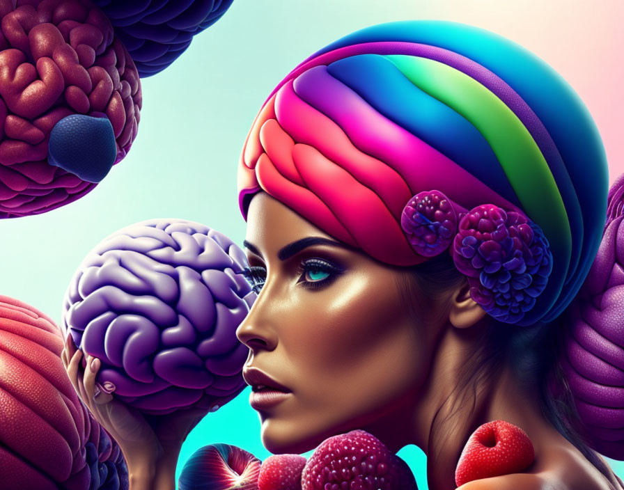 Vibrant woman with rainbow-brain motif and surreal fruits on gradient backdrop