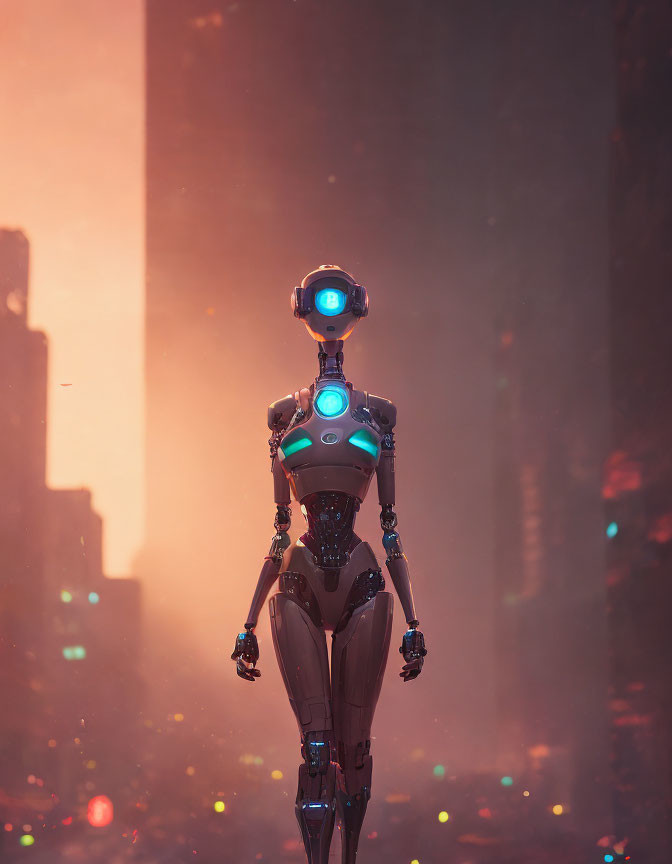 Glowing blue humanoid robot in dusky cityscape