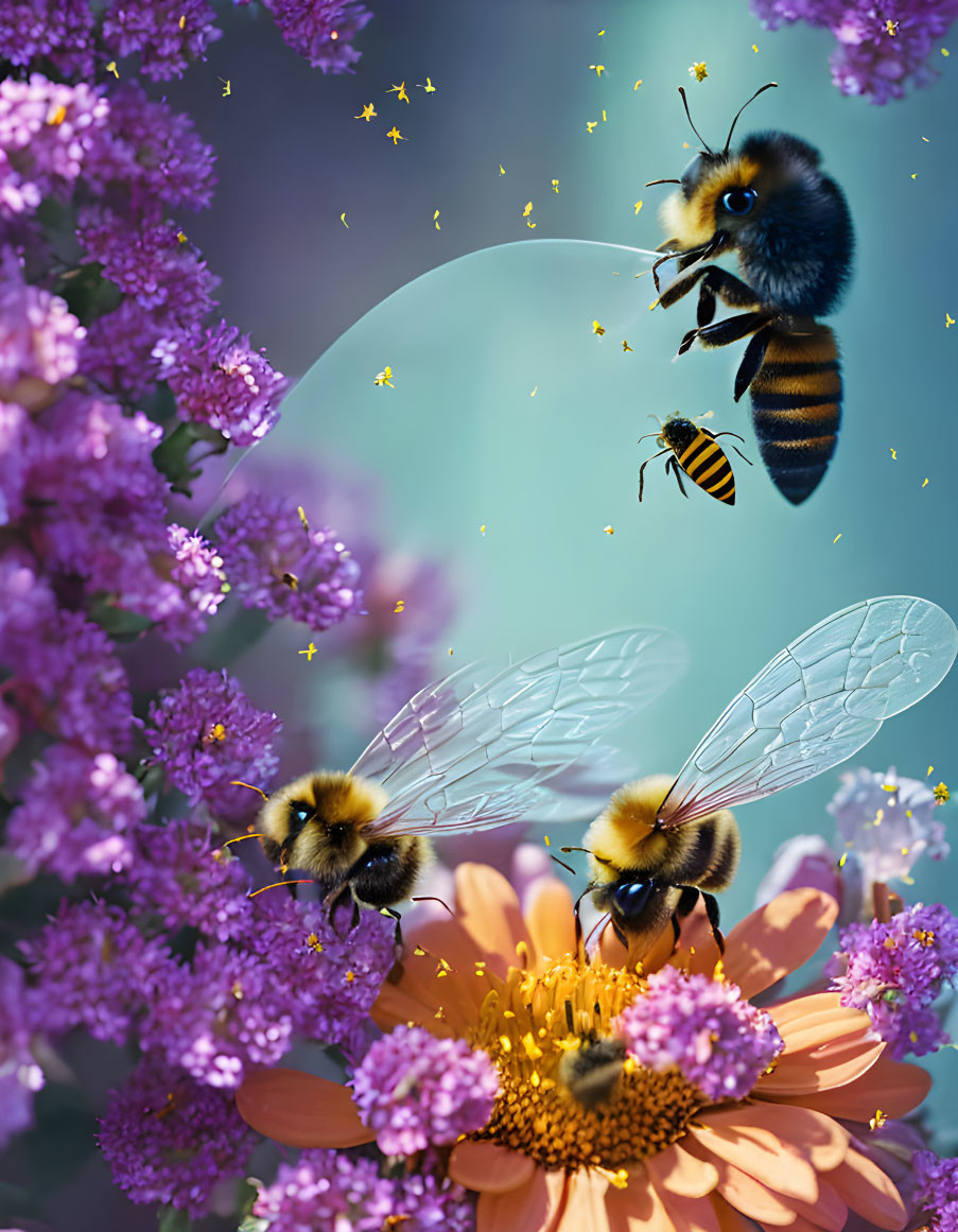 Bumblebees collecting nectar from vibrant purple flowers on teal background