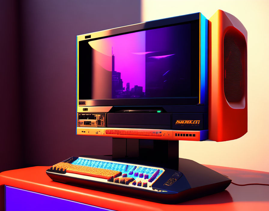 Vintage Computer with Colorful Keyboard on Red Desk - Retro-Futuristic Aesthetic