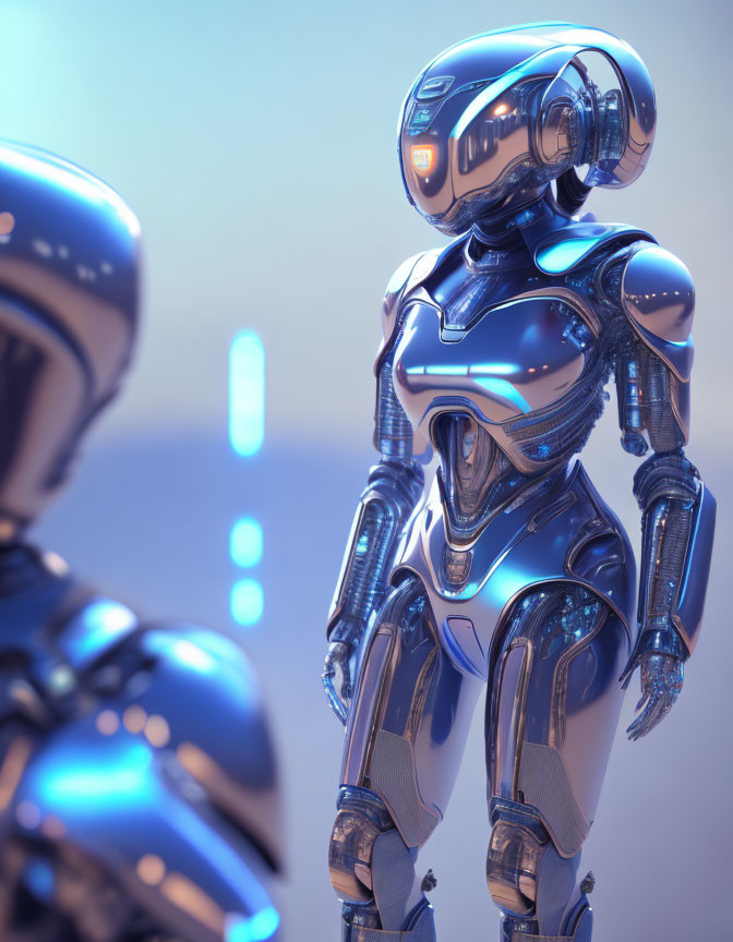 Futuristic blue and silver robot on advanced technology background