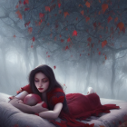 Woman in Red Dress Holding Apple in Mystical Forest Scene