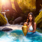 Woman in White Dress Holding Golden Vase in Enchanted Forest with Waterfall