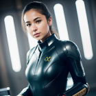 Confident woman in dark suit with orange emblem in well-lit room