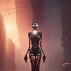 Glowing blue humanoid robot in dusky cityscape