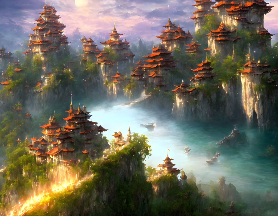 Fantasy landscape with ancient pagodas on lush cliffs and misty river.