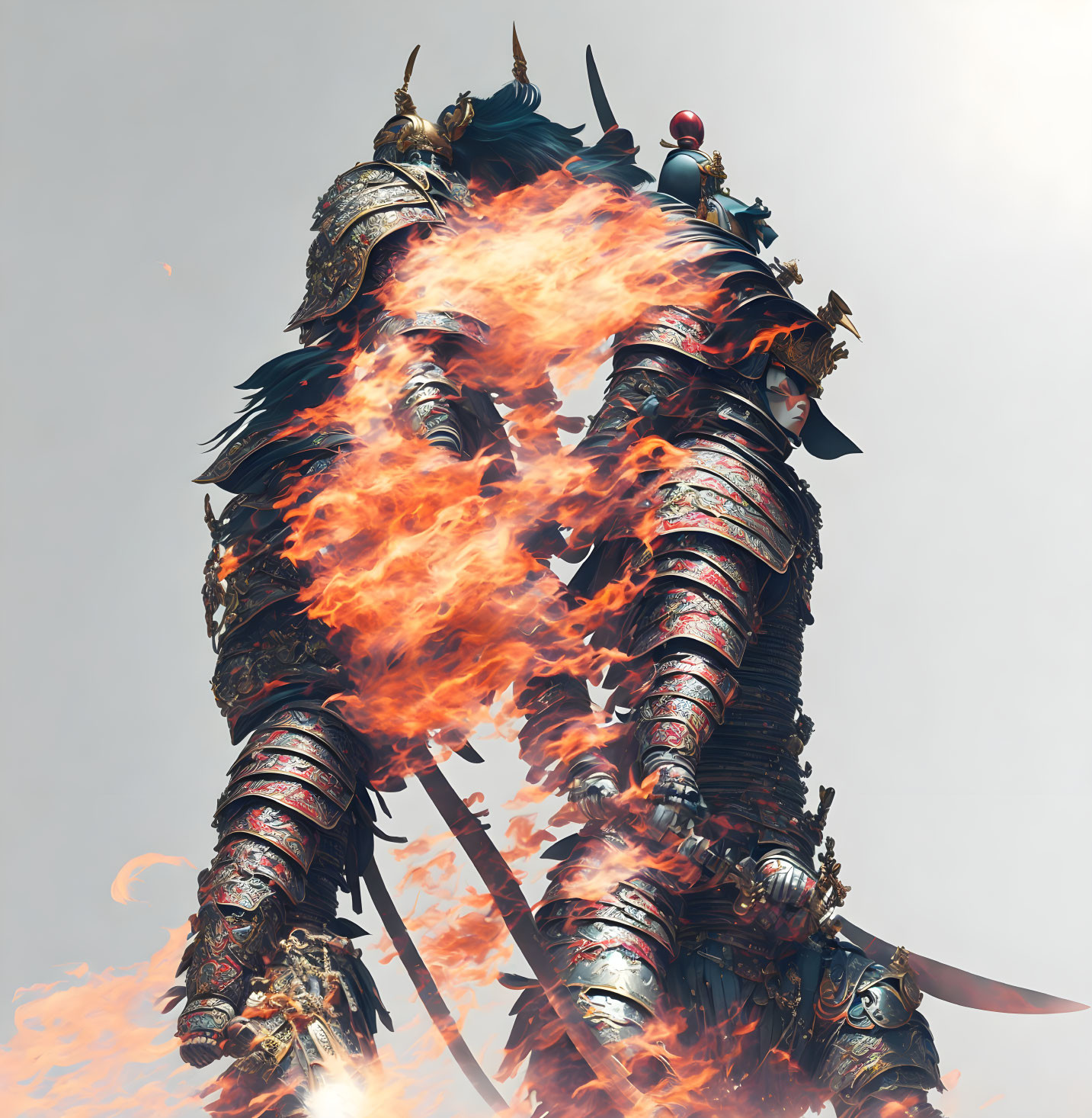 Armored knight engulfed in flames wields sword against pale sky