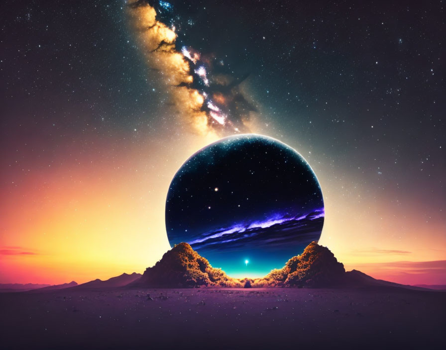 Surreal landscape with starry night sky, large planet, and galaxy in purple-orange dusk