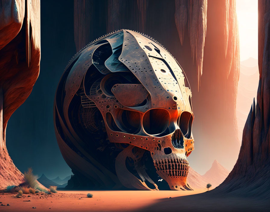 Intricate metallic skull in desert canyon under warm sky