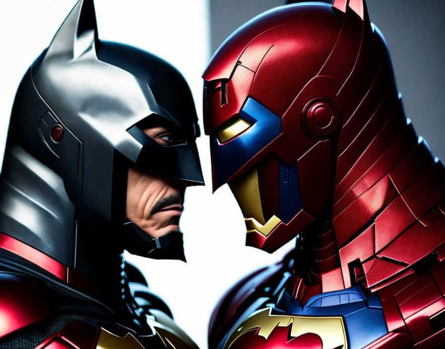 Iconic Superhero Figures Batman and Iron Man in Tense Face-Off