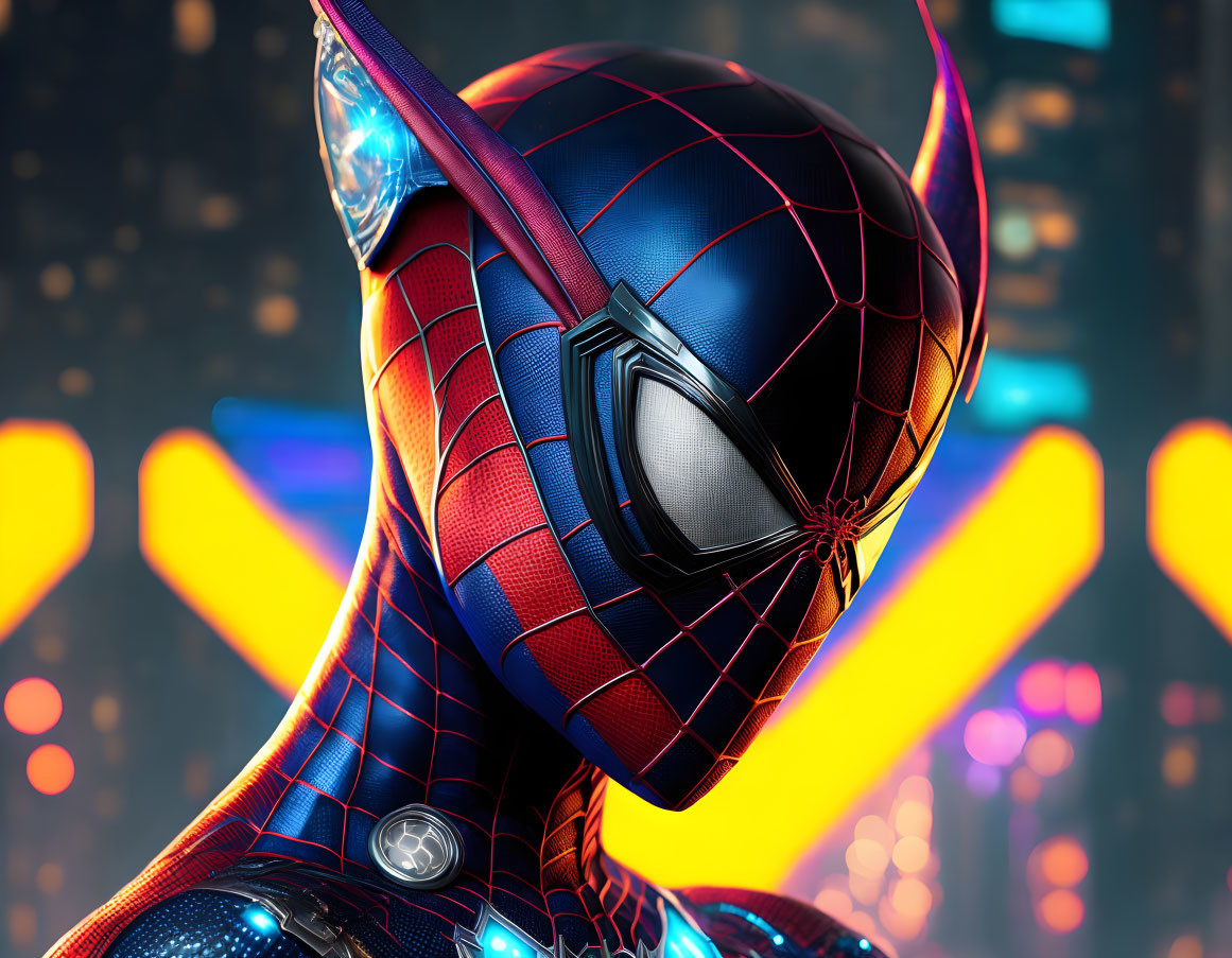 Detailed Spider-Man Masked Head with Suit Texture on Blurry City Lights Background