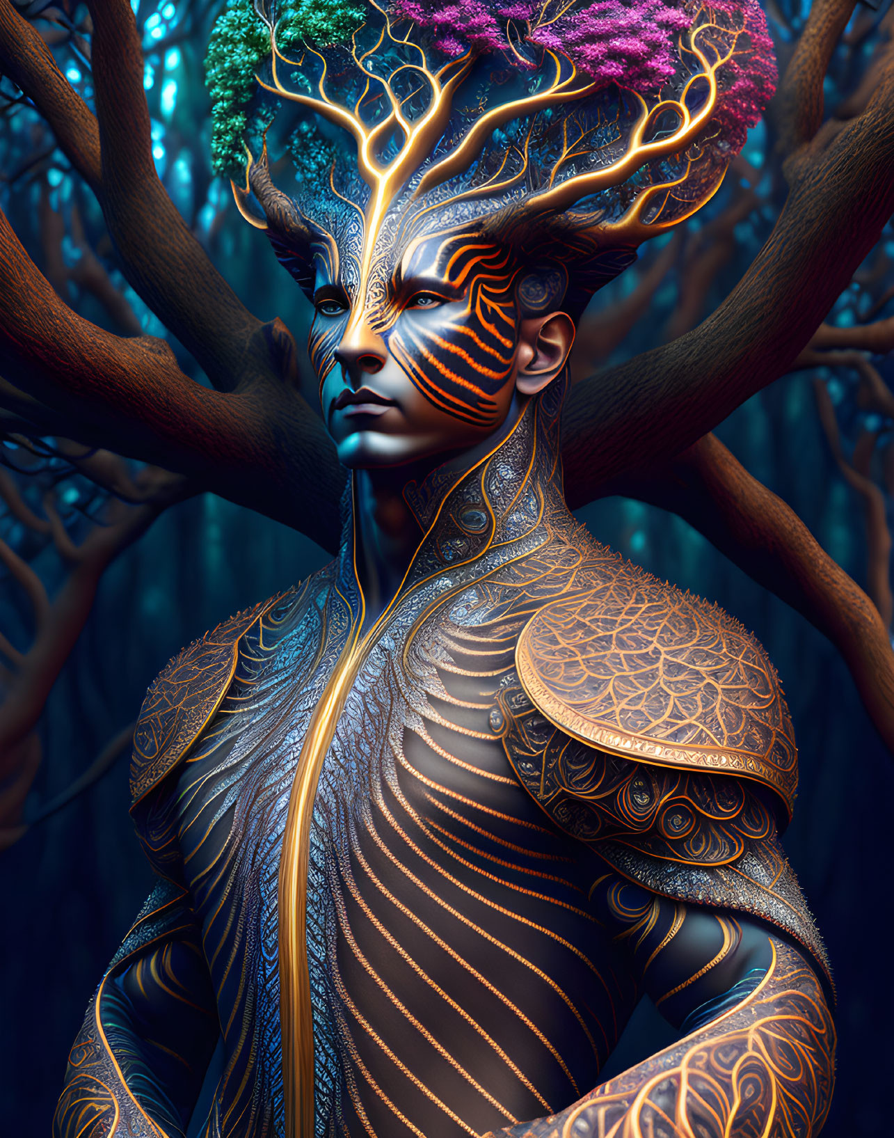 Fantastical humanoid with tree-like features in dark forest portrait