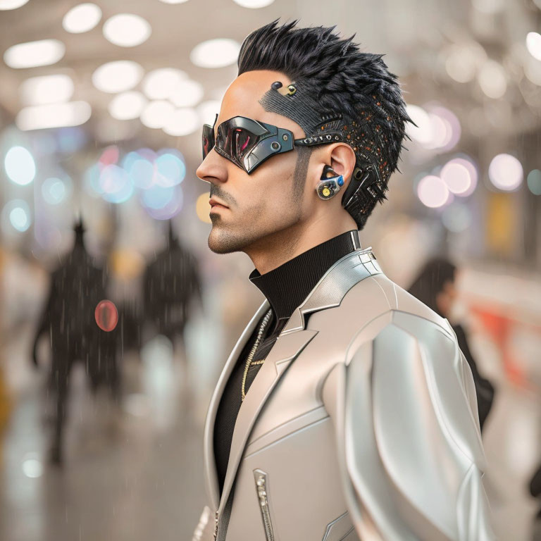 Futuristic man with cybernetic eye-wear and mohawk in metallic outfit