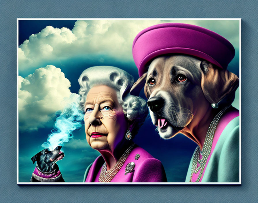 Digitally altered image of woman and dogs in regal attire against cloudy sky.