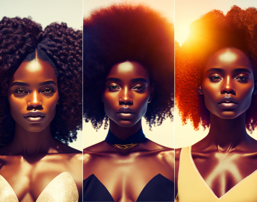 Three portraits of a woman with varied hairstyles & lighting, highlighting natural beauty and diverse expressions.